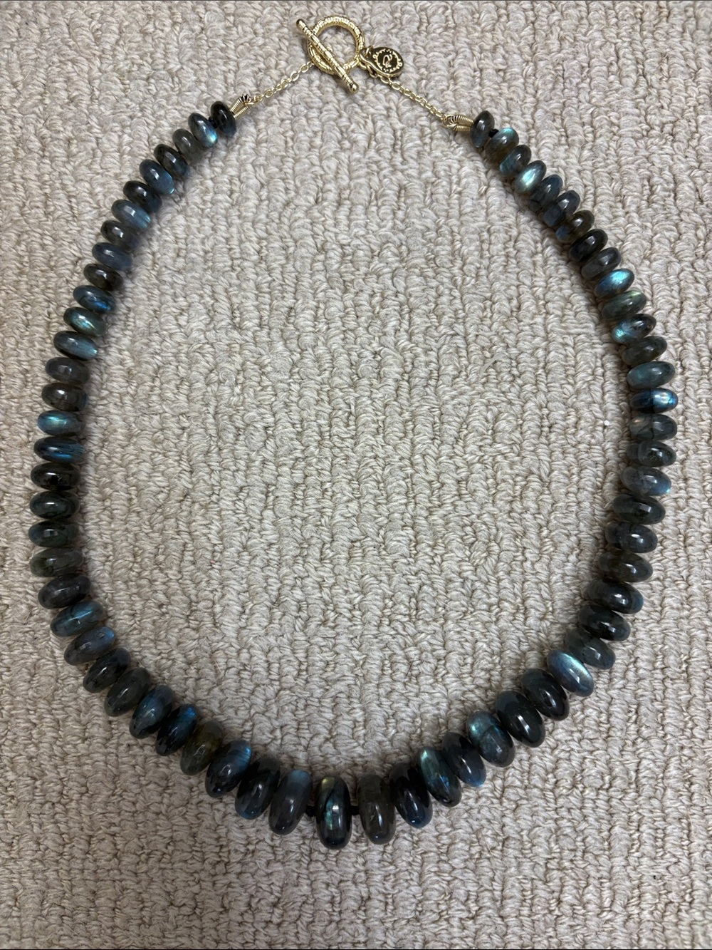 Labradorite Bead Necklace with Gold Toggle - Blue-Green Sheen